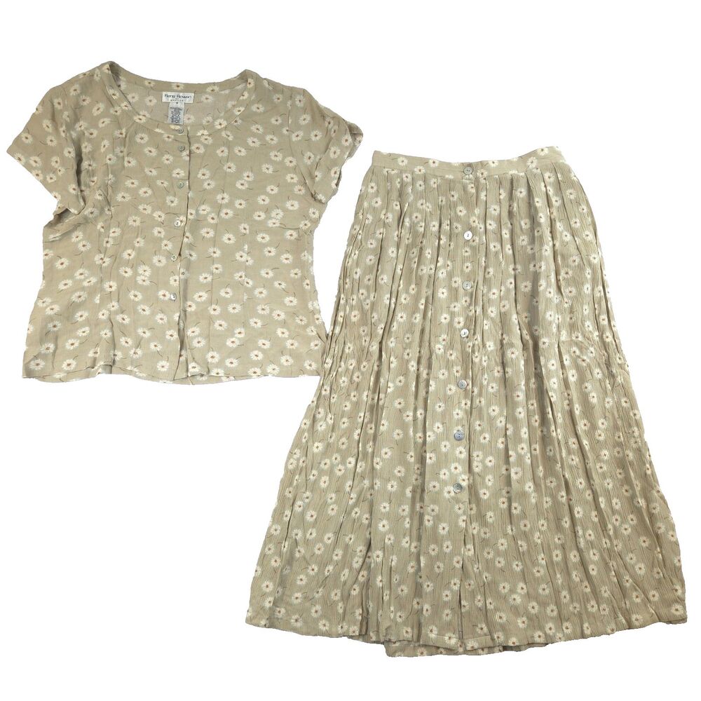 VTG 90s Rena Rowan Two Piece Set Floral Top Midi Skirt 8 Cottage Prairie Boho